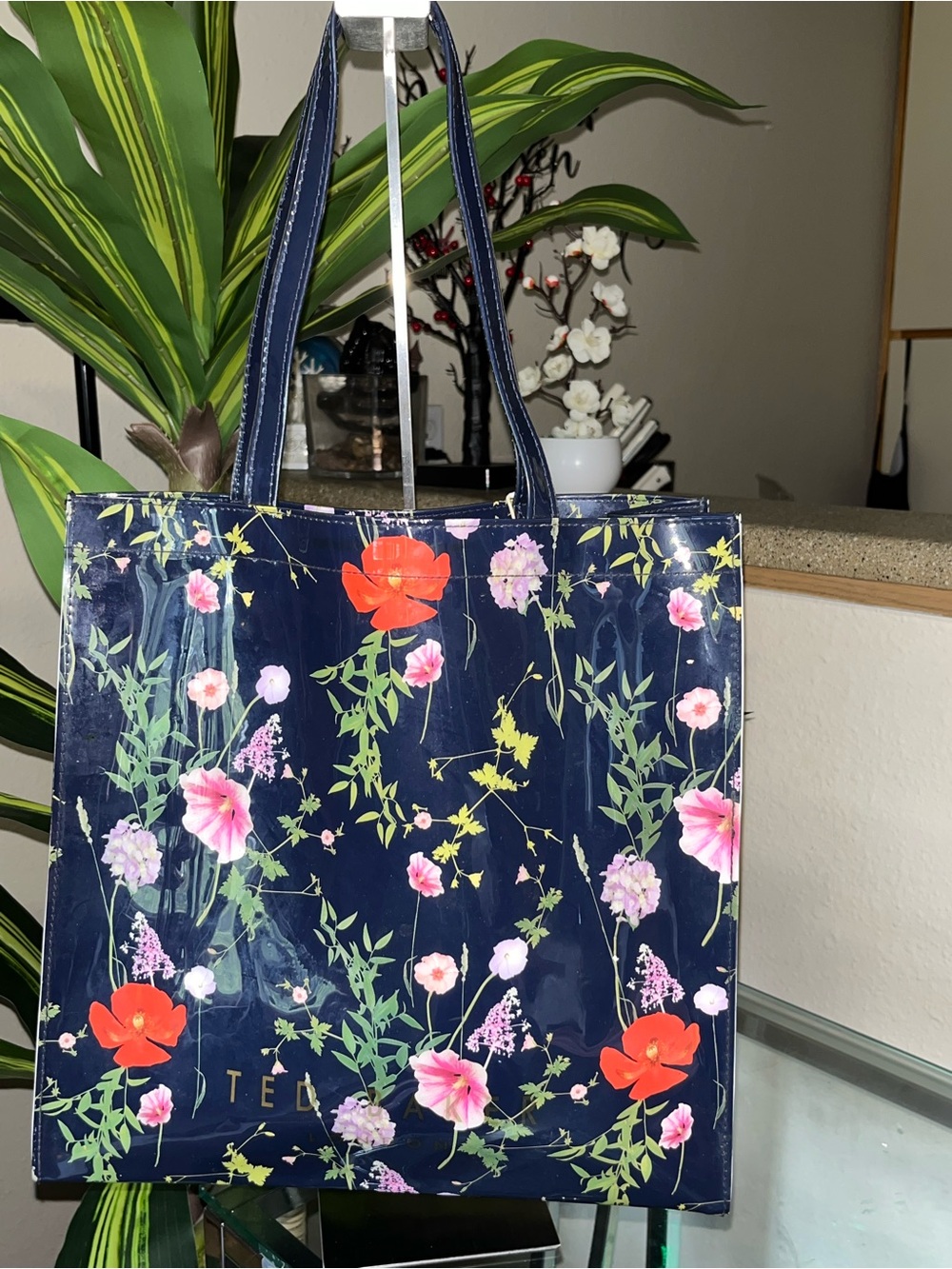 Ted Baker Navy Floral Glossy Tote with Pink & Red Blooms
